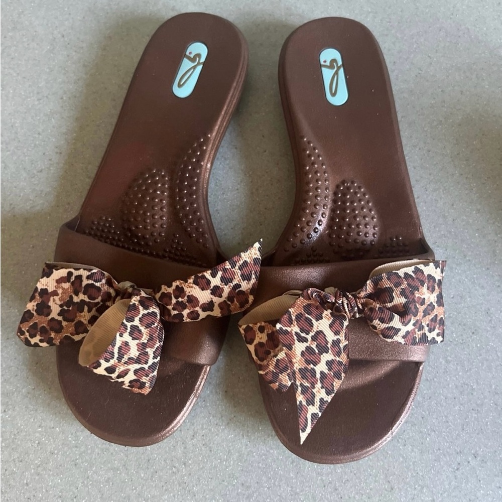 Oka B Slide Sandals - Ribbon Can Be Changed animal print Sz M 8.5 -9 brown New
